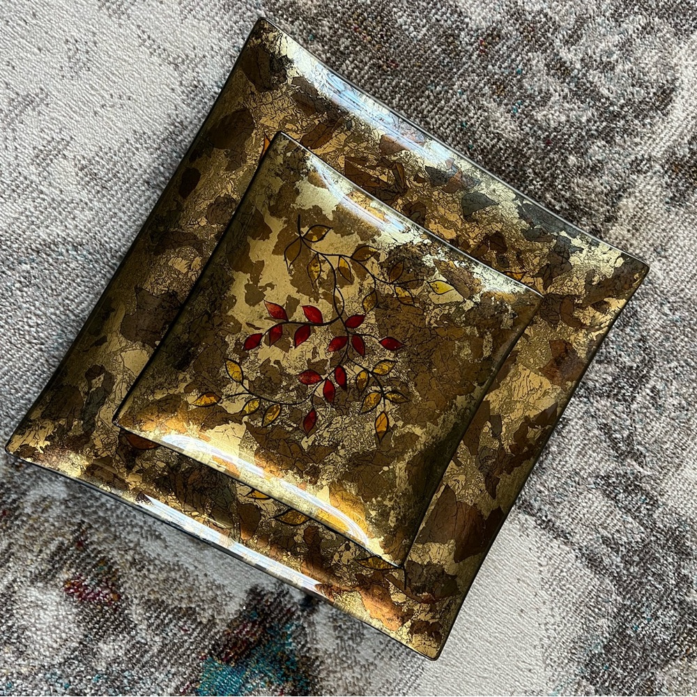 Two piece Catch All glass art tray set neutrals red yellow decorative bundle EUC - Picture 2 of 9